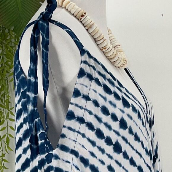 The Pō`alima Romper Blue/White V-Neck V Back Shoulder Tie  Boho Gypsy  Wide Leg - Picture 14 of 15